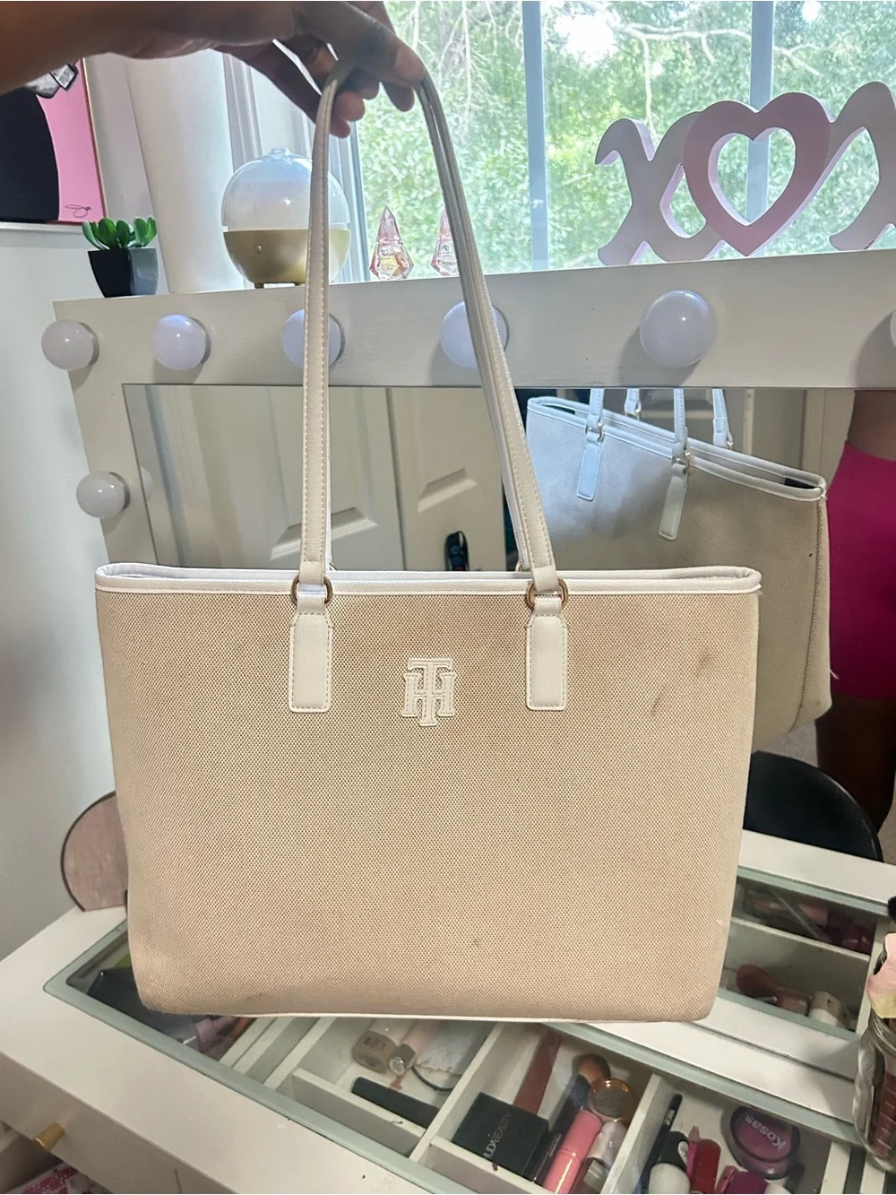 Light Beige Canvas Tote Bag with Black Interior